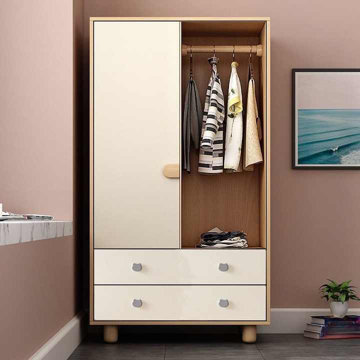 Modern Designed Manufactured Wood Kids Wardrobe Durable with 3 Drawers 3 Shelves 2 Doors Removable Clothing Rod for Bedroom Use
