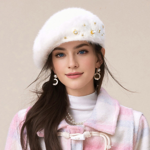Béret d'artiste chaud et mignon pour femme, en poils de lapin, avec fleur en perles, collection automne-hiver - Product Image 6