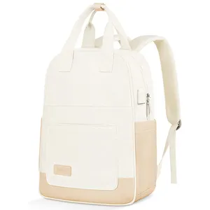 Damen Laptop Rucksack, 15,6 Zoll Laptop tasche mit USB-Ladeans chluss, Beige, Modischer Damen rucksack