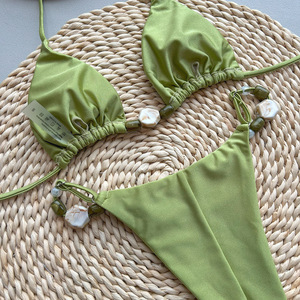 <span class=keywords><strong>Ensemble</strong></span> de bikini micro brésilien uni pour femme, maillot de bain sexy 2 pièces avec string et haut halter pour l'été, la plage et les vacances - Product Image 5