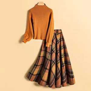 Clothing vendors spring and autumn half turtleneck puff sleeve knitted top and plaid A-line skirt two piece set women clothing
