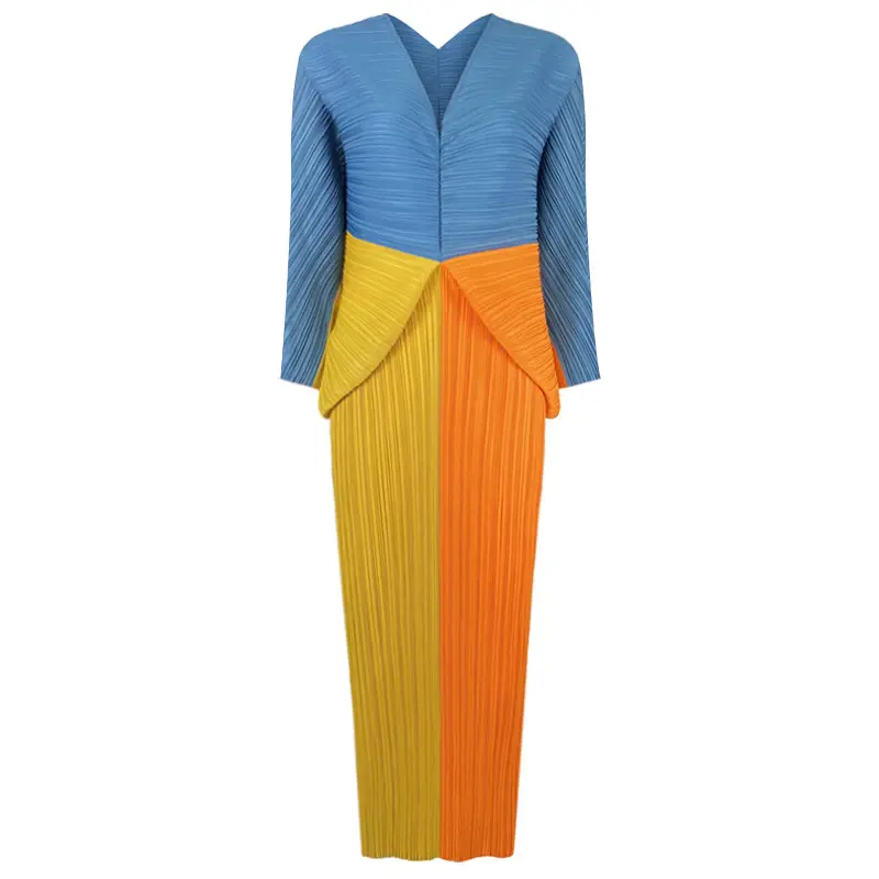 Dress Kelelawar Wanita, Gaun Kasual Warna Kontras Berkerut Leher V Musim Semi/Panas 2021