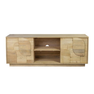 Meuble TV bas Paxton en bois massif naturel avec deux portes de rangement et étagère ouverte - Product Image 1