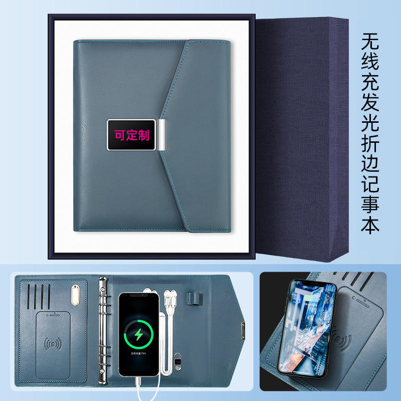 พาวเวอร์แบงค์ไร้สายแบบพับได้ช่องเดียว มีไฟ LED ในตัว กำลังไฟ 8kW และแฟลชไดรฟ์ USB 32GB - สีน้ำเงิน