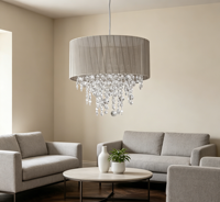 Luminaire suspendu en cristal de style transitionnel de luxe avec abat-jour en tissu transparent taupe