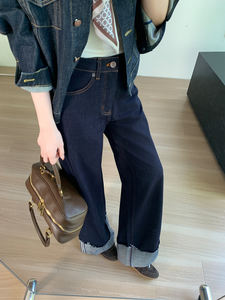 YUANBOFEI Jeans Baggy pour Femmes, Pantalon en Denim à Jambes Larges, Ourlet Replié, Bleu Foncé, Décontracté, Streetwear, Vêtements Esthétiques Féminins - Product Image 4