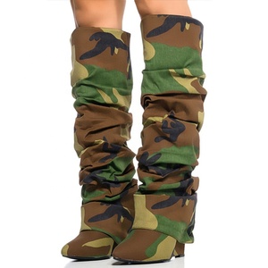 Pleated Upper Pants Knee High <b>Boots</b> Ladies Wedge Heels Pants Shoes Women Camouflage Overlay Ruched Long <b>Boots</b> - Product Image 4
