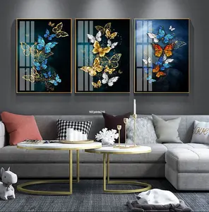 Folhas de borboleta de vidro acrílico, folhas douradas azuis modernas de borboleta, impressão uv para decoração de casa, arte de parede