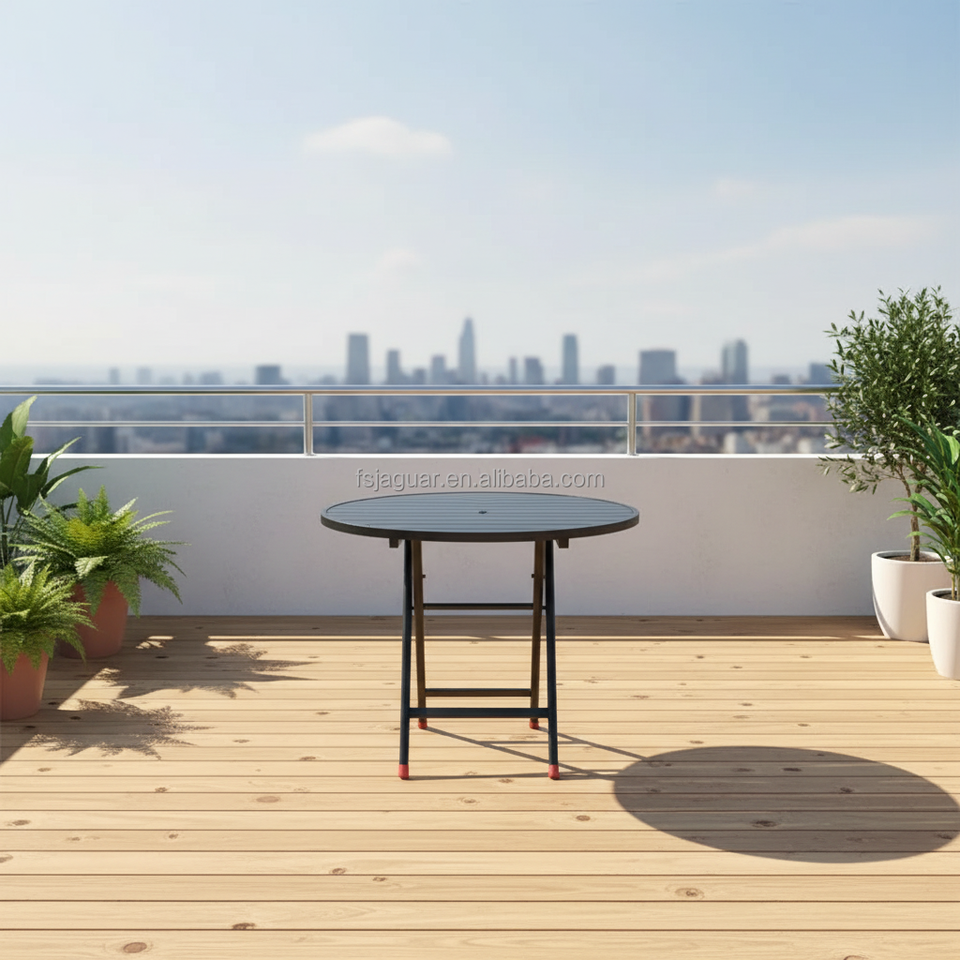 Foldable Round Wood-Look Modern Outdoor Dining Table Weatherproof ...