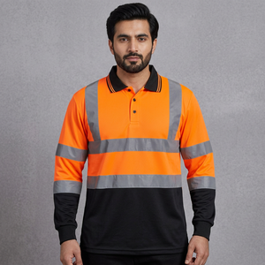Custom Made Thermal Workwear Polyester Black Neon <b>Orange</b> High Visibility Reflectors Heat Transfer Printed <b>Polo</b> T Shirt Unisex - Product Image 1