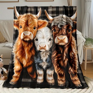 Plaid en peluche à imprimé vache des Highlands, style pastoral rectangulaire, anti-boulochage, lavable en machine, pour usage domestique, toutes saisons - Product Image 1