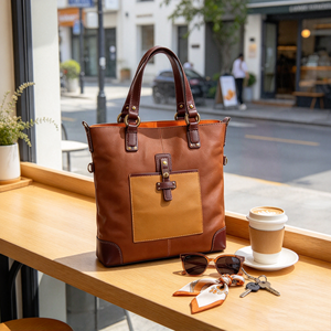 Sac fourre-tout en cuir véritable color block grande capacité avec poignée supérieure et bandoulière, doté d'une poche avant - Product Image 5