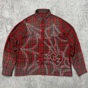 T-shirt surdimensionné en flanelle à carreaux délavé à l'acide pour homme, style streetwear, avec boutons vintage personnalisés, strass et manches longues 100% coton - Product Image 1