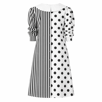 Robe chemise midi surdimensionnée personnalisée pour femme en mélange lin et coton, imprimé rayures noires et blanches et pois, col plissé
