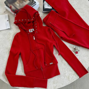 Setelan pakaian wanita mode baru desain kustom Logo bordir jaket ritsleting celana keringat kasual mode 2 potong setelan olahraga lembut wanita - Product Image 5