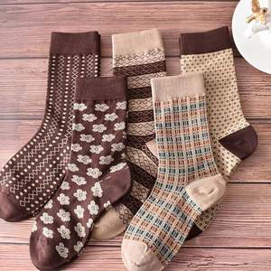 Women's Vintage High Tube Pile Long Socks Autumn Winter Coffee Color Knitted 5 Toe Style Breathable - Product Image 1
