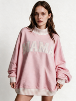 Sweat-shirt à col montant brodé patchwork pour femme, en molleton de coton, manches longues, avec détails contrastants, pull d'automne OEM