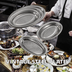 Assiette ovale rétro en acier inoxydable à fond plat pour restaurant, barbecue, hôtel, service - Product Image 2