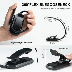 Lámpara de lectura portátil al por mayor 3 colores 10 brillo cuello de cisne Flexible USB recargable LED lámpara de escritorio Clip en la luz del libro