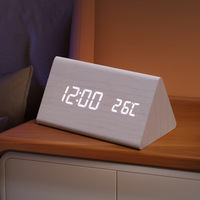 Antike Geräuschlose Dreieckige Hölzerne Digitaluhr mit LED-Anzeige, Thermometer, Nachleuchtendem Ewiger Kalender für Büro und Schlafzimmer