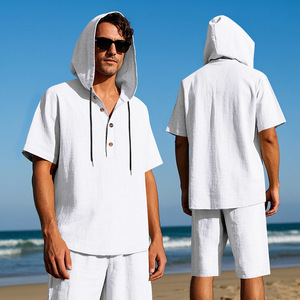 Conjunto de Camisa sin Mangas con Capucha y Pantalones Cortos de Lino para Hombre, Corte Holgado, Ligero, Informal, Ropa de Playa, Conjunto Coordinado de Dos Piezas para Verano - Product Image 1