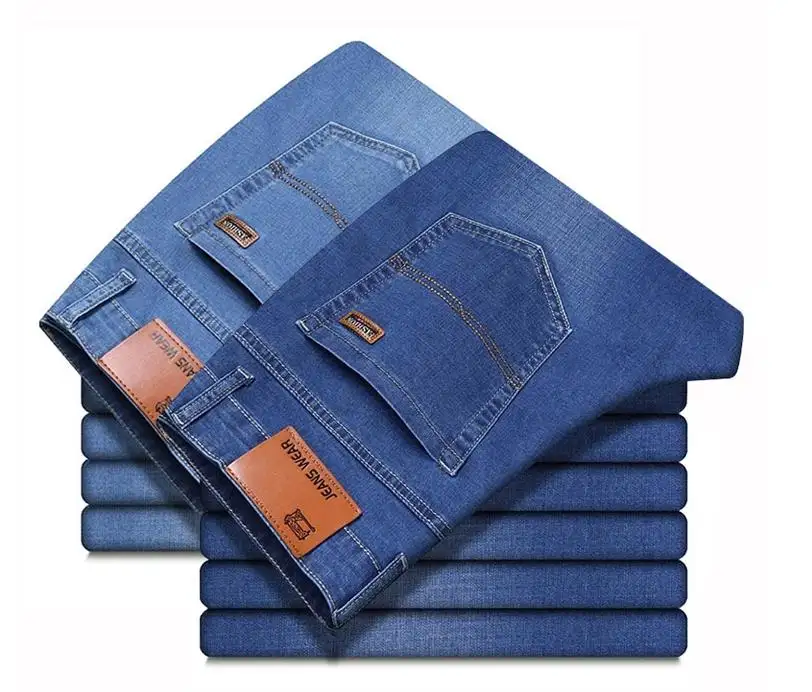 Men Stocklot Denim Jeans on Sale Mixed Fabric Casual Slim Softener Lightweight Solid Straight Mid Support Button Zipper Fly 10OZ