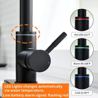 Robinet de cuisine moderne en céramique noire brossée, en acier inoxydable 304, avec capteur LED automatique, mitigeur chaud/froid rotatif