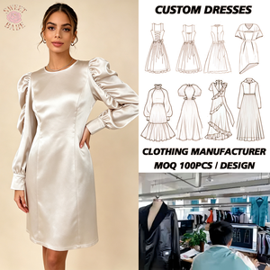 Robe courte en satin pour femmes, manches longues bouffantes, col rond, moulante, longueur genou, élégante, pour soirée, bureau, tenue formelle - Product Image 1