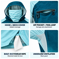 Chemise de pêche à capuche personnalisable avec logo, manches longues, protection UPF 50, en polyester, avec cache-cou, poche poitrine zippée, empiècements en mesh et lingette pour lunettes