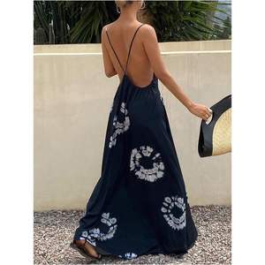 Robe longue bohème personnalisée pour femme, imprimé floral, dos nu, col en V profond, sans manches, coupe trapèze, en mousseline fluide, taille empire - Product Image 4