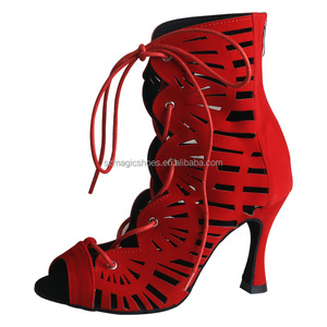 Nuevas llegadas personalizadas Zapatos de tacón alto de terciopelo rojo Latin Salsa <span class=keywords><strong>Bachata</strong></span> Clases de tacón Zapatos con cordones Botas de baile de 9CM - Product Image 1