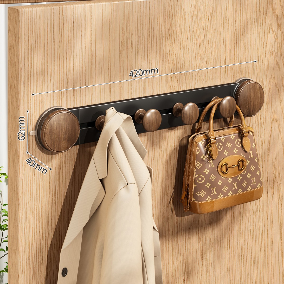 Suction cup style polka dot hook with 4 hooks - walnut color