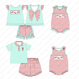 Conjunto de roupa infantil de verão, venda quente de roupas com aplique de concha para crianças, meninos e meninas, roupas que combinam, infantis fumadas