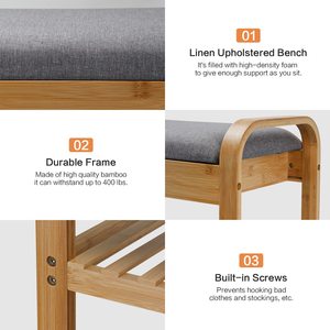 Bamboo Shoe Bench With <b>Cushion</b> <b>Storage</b> Shelf For Entryway Living Room Scandinavian Style - Product Image 3