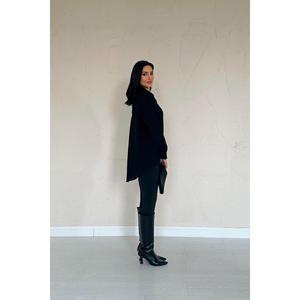 Camisa Larga Holgada Elegante Negra para Mujer, Poliéster, Color Sólido, Estilo Europeo, Prenda Casual - Product Image 1