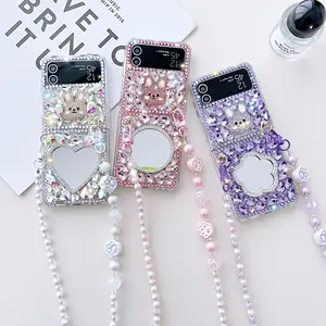 supplier rabbit diamond mirror case for samsung z flip fold 3 4 with strap glitter bling shiny shockproof fashion luxury case