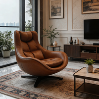 Fauteuil pivotant en cuir marron : coussin capitonné, siège confortable pour salon
