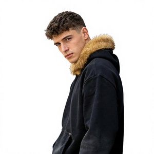 Sudadera con Capucha Extra Grande para Hombre, Estilo Desgastado, con Ribete de Piel Sintética Desmontable, Sudadera de Forro Polar Grueso, Estilo Hip Hop Urbano - Product Image 2
