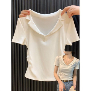 Estilo americano <span class=keywords><strong>Mujer</strong></span> Verano Casual para Polo Color sólido Cuello en V Slim-Fit Top corto Turn-Down Collar Base de manga corta - Product Image 2