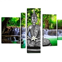 Peinture sur toile murale en aquarelle Cascade de Bouddha, 5 pièces, décoration de salon, paysage moderne, arbres de Bouddha, Zen, tendu sur châssis