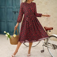 Gaun Panjang Bermotif Bunga dengan Lengan Panjang, Model A-line, Pinggang Alami, Bahan Woven Lace, Cetak Digital, Gaya Kasual untuk Musim Semi dan Musim Panas
