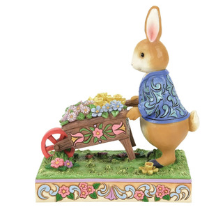 Pâques Peter Rabbit pousse une brouette pleine de fleurs invitantes Statue - Product Image 5