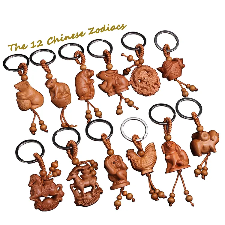 Hot Selling Natuurlijke Hout Astrologie Sleutelhanger 12 Chinese Zodiac Sleutelhanger Dier Aap Schapen Snake Dragon Tiger Sleutelhangers Sleutel R