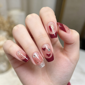 YZ 76 Automne/Hiver Ongles artificiels à couverture complète, faits main, à porter, avec motif cœur en feuille d'or français blanc pâle et rouge, pour le Nouvel An - Product Image 2