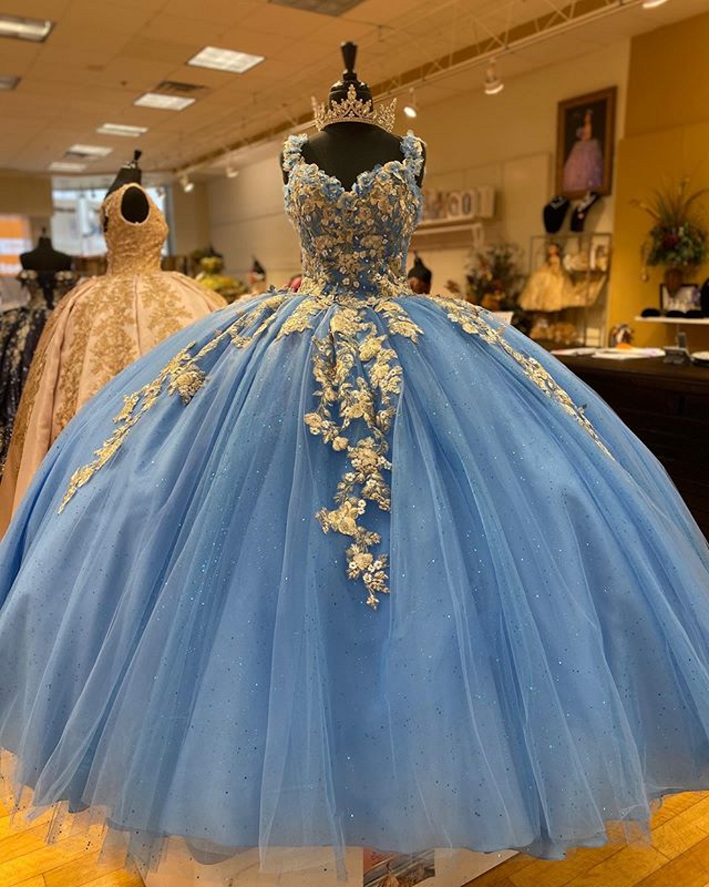 sweet 16 dresses blue and gold Off Shoulder Sweet 16 Quinceanera Dresses Tulle Appliqued Ruffled Part