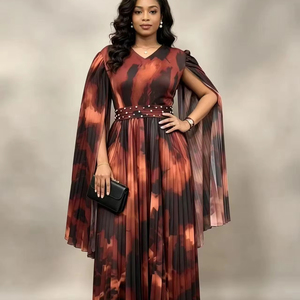 Abito lungo plissettato Miyaki <span class=keywords><strong>Plus</strong></span> Size da donna con stampa e maniche a mantella, elegante abito da sera per donne curvy - Product Image 1