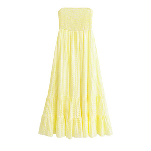 Vestido Maxi Amarillo Sin Tirantes con Estampado de Puntos, Vestido Casual de Verano con Corte en A, Transpirable, de Gasa Tejida con Dobladillo en Capas - Product Image 5
