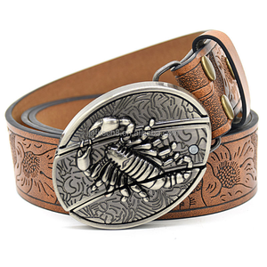 Ceinture en cuir véritable pour homme, en cuir de vachette, avec design 3D en alliage, broderie motif tournesol, durable, style vintage, tendances individualistes - Product Image 6