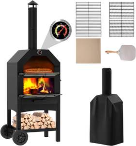 Horno de Pizza <span class=keywords><strong>para</strong></span> Exterior, <span class=keywords><strong>a</strong></span> Leñ<span class=keywords><strong>a</strong></span>, con Cubierta Impermeable, <span class=keywords><strong>Piedra</strong></span> <span class=keywords><strong>para</strong></span> Pizza, Pala <span class=keywords><strong>para</strong></span> Pizza, Acero de 2 Capas con 2 Ruedas - Product Image 1