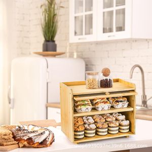 Boîte de rangement pour pain en bois, présentoir à gâteaux à double couche en bambou, organisateur de bureau pour boulangerie et usage domestique - Product Image 2